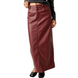 Free People City Slicker Burgundy Faux Vegan Leather Maxi Skirt Red Jasper
